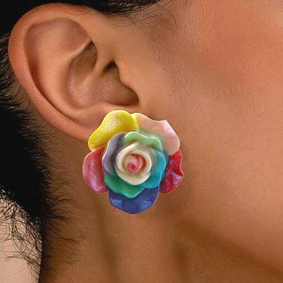 Jewelry - Flower rainbow Rose stud statement earrings Boho multicolor acrylic  💖